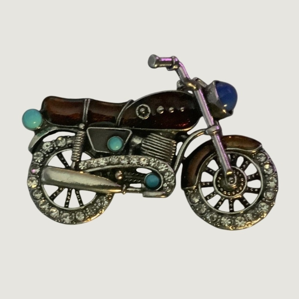 Vintage Enamel Rhinestone Motorcycle Biker Brooch Pin Faux Turquoise Accents
